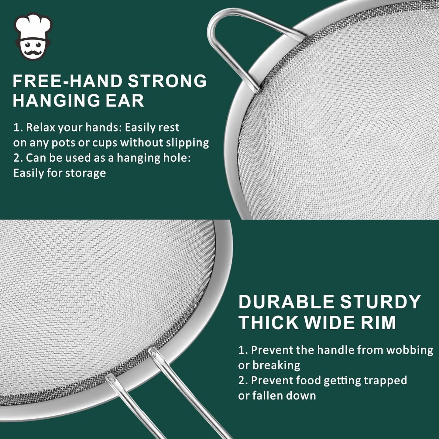 Yimi Fine Mesh Strainers Skimmers Set of 4, Stainless Steel Sieve Strainer Wire Sifter Colanders with Anti-Scald Handle,Kitchen Utensil Ideal for Strain Pasta Quinoa Rice, Ideal for Gift
