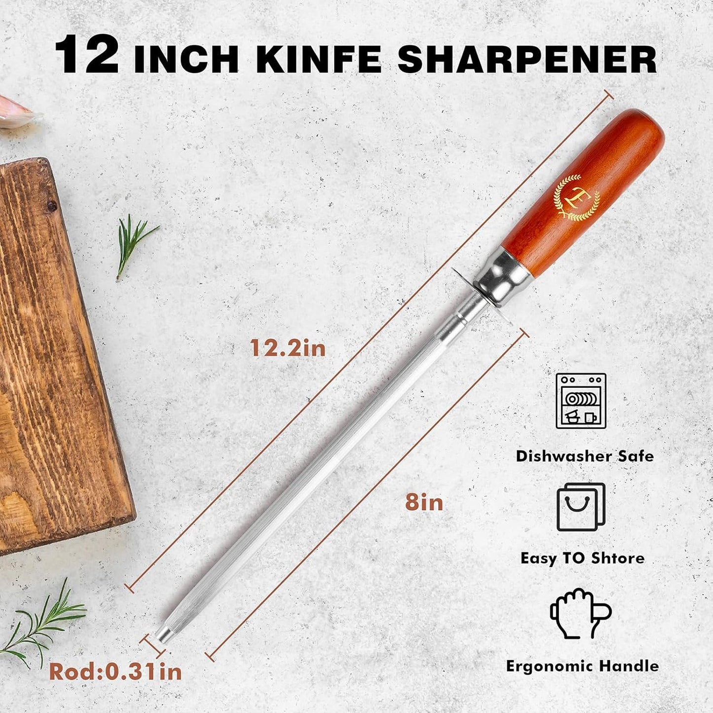 Knife Sharpener Rod, Kitchen Knives Sharpener Carbon Steel Professional Knife Sharpening Steel, Honing Rod with Hanging Holes (13 inches), E