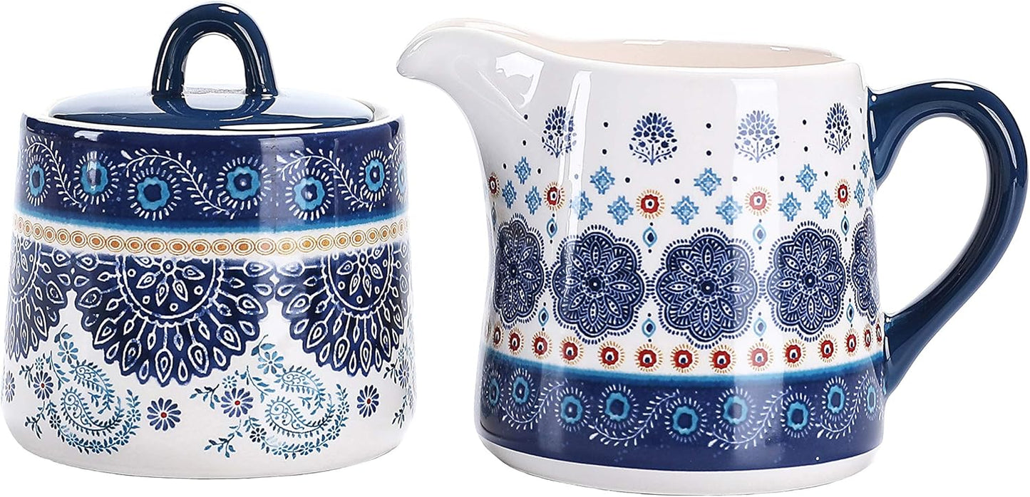 Bico Blue Talavera Ceramic Sugar and Creamer Set, Sugar Bowl with Lid, Cute Container for Coffee Bar, Kitchen Countertop Accessories, Microwave and Dishwasher Safe