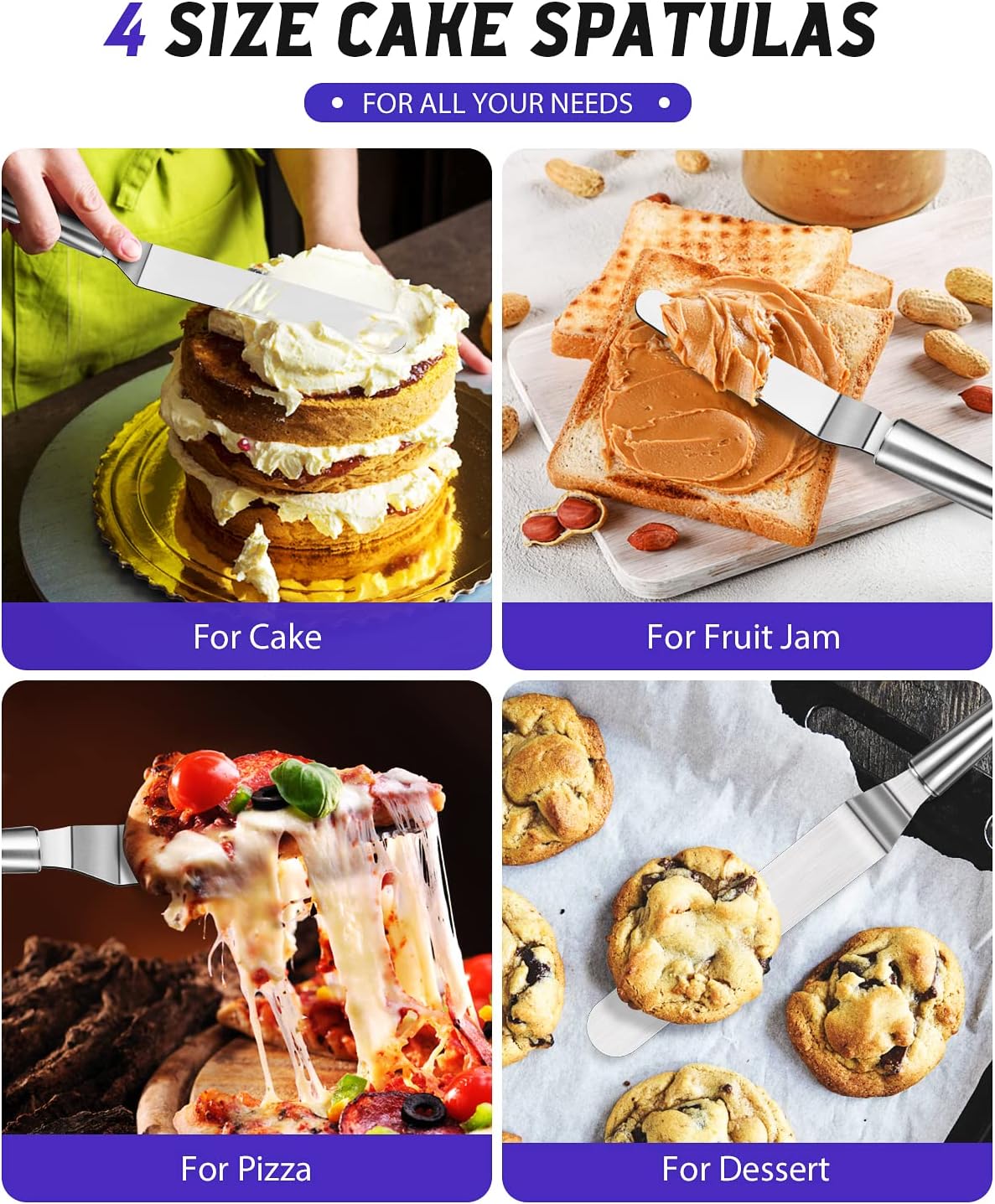 Offset Icing Spatula, Cake Angled Spatula Set with 4, 6, 8 & 10 Inch Blades, Stainless Steel Handle Suitable for Home, Kitchen or Bakery