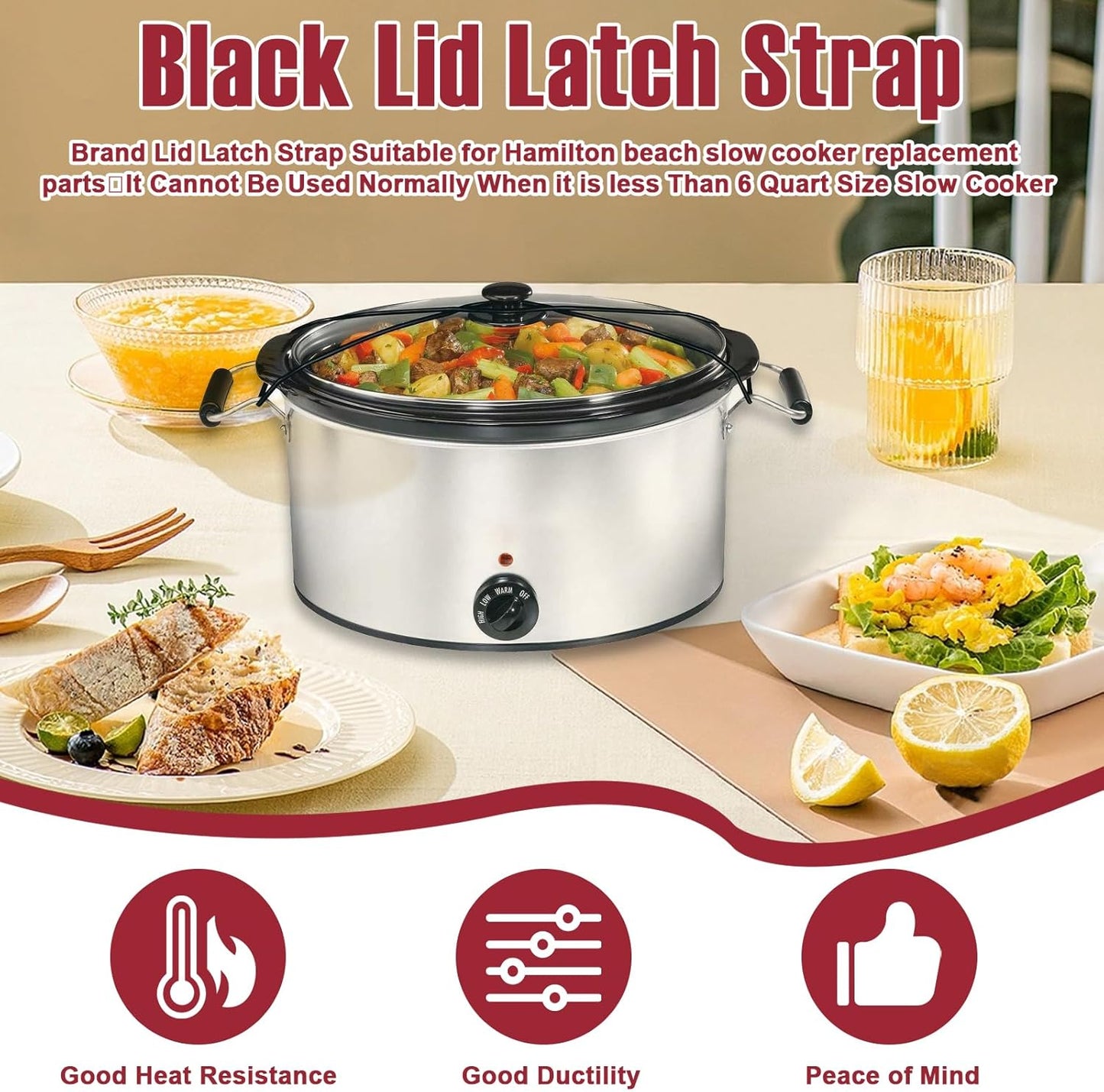Black Lid Latch Strap Rubber Band 6,7,8 Quart for Hamilton Beach Crock Pot Slow Cooker 1PCS