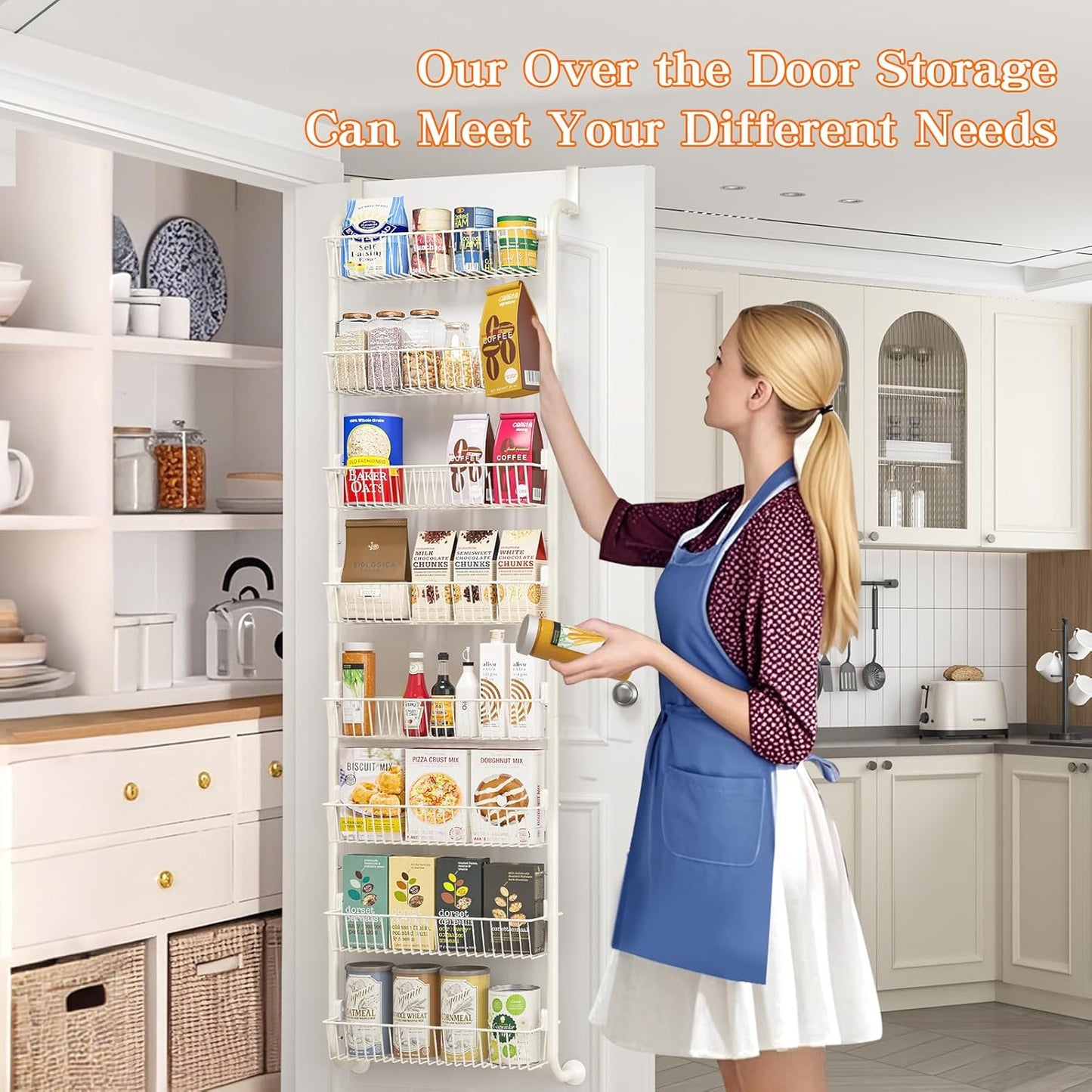 MIAOLI Over the Door Pantry Organizers and Storage, 8-Tier Spice Rack, Home & Kitchen Storage Shelves for Cabinet, Large Capacity Hanging Seasoning Organizer, Laundry Room Organization, White