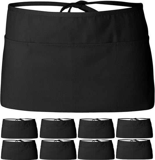 12 Pack - Black Server Waist Aprons with 3 Pockets, Waitress Half Apron