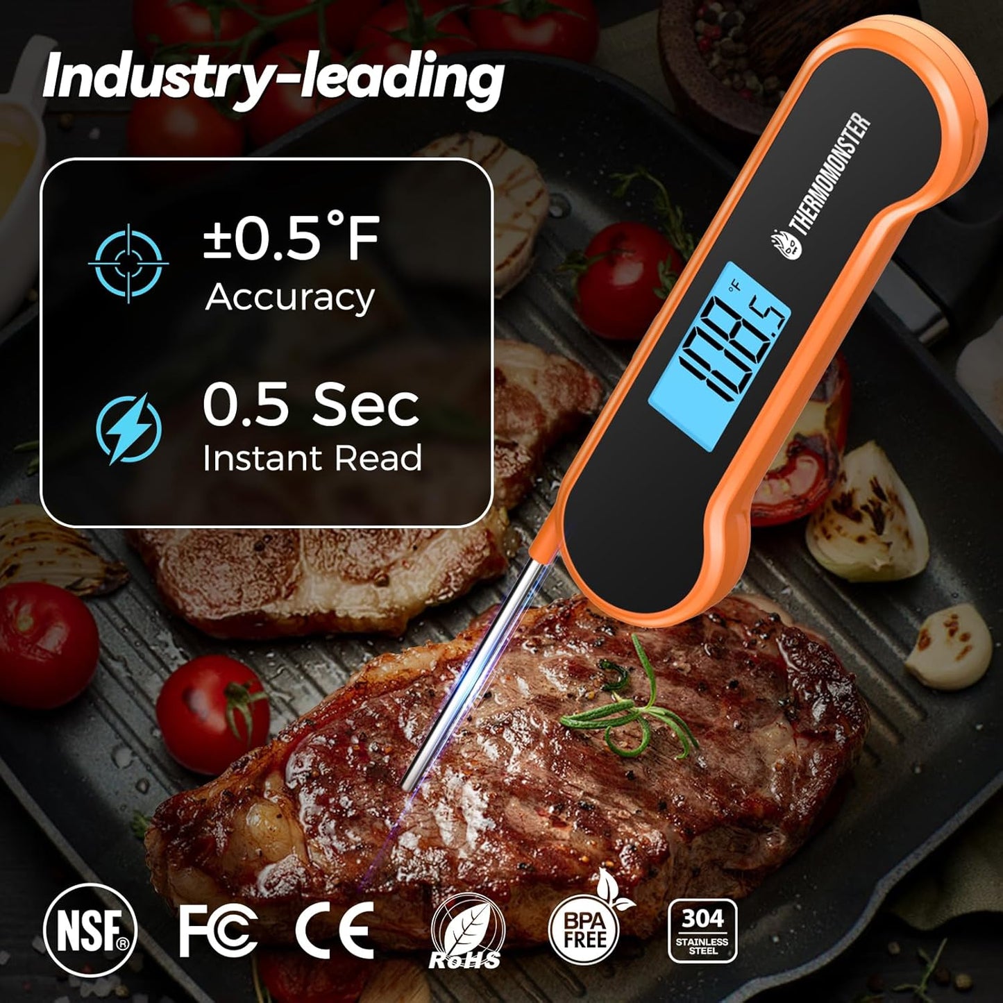 0.5 Sec Instant Read Meat Thermometer Digital with ±0.5℉ Precision, Food Thermometer for Cooking Kitchen Gadgets, Oven Grill Candy BBQ Essentials Accessories, Gifts for Him Dad Men Birthday, Orange
