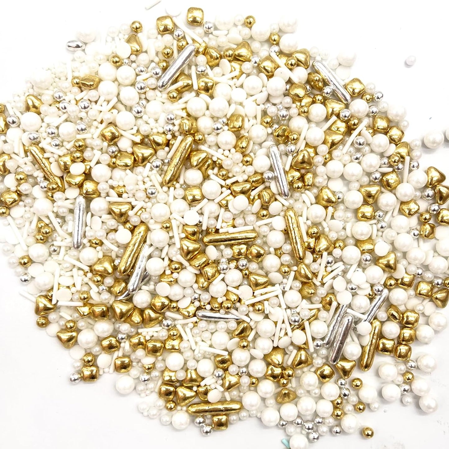 Weraru White Deluxe Gold Sprinkles Candy Mixing Size Baking Edible Cake Decorations Cupcake Toppers Cookie Decorating Celebrations Wedding Shower Party Chirstmas Supplies 130g/ 4.58oz