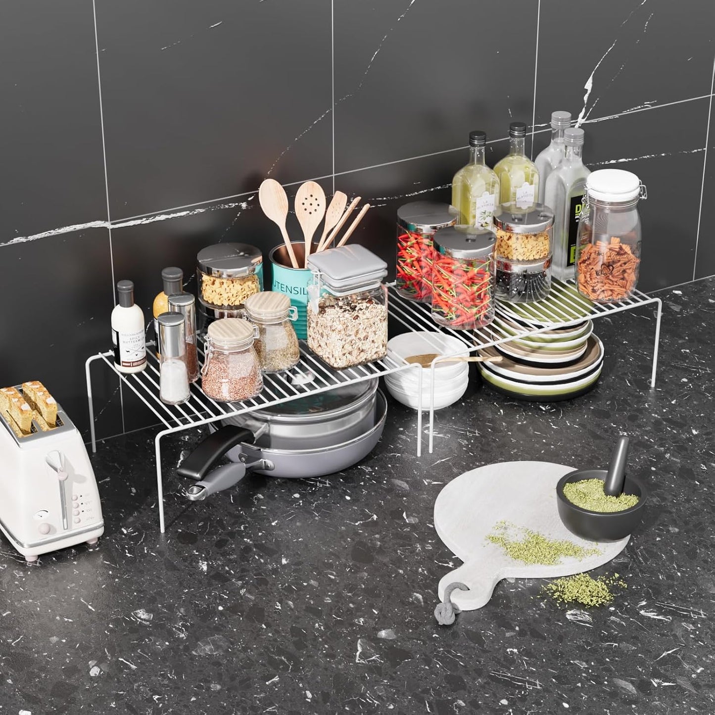 Large(15.7 x 9.4 inch)White Cabinet Storage Shelf Rack Set of 2, Rustproof Metal Wire Kitchen Counter Organizers and Storage, Spice Organization for Cabinet, Plate, Dish, Pantry, Bathroom, Fridge