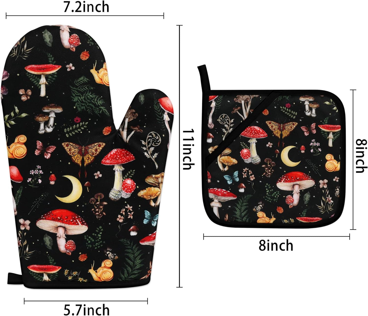 Mushroom Oven Mitts and Pot Holders Sets Cute Oven Gloves Heat Resistant 4 Pcs Funny Decorative Kitchen Hot Pads and Mitts for Baking Cooking Grilling