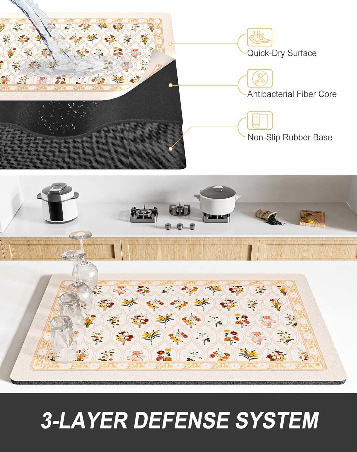 Rnivvi Dish Drying Mat for Kitchen Counter, XL 15 x 24" Cute Flower Theme Absorbent Draining Pad, Non-Slip Heat Resistant Coffee Bar Mat for Coffee Machine Station Accessories, Beige Dish Rack Pad