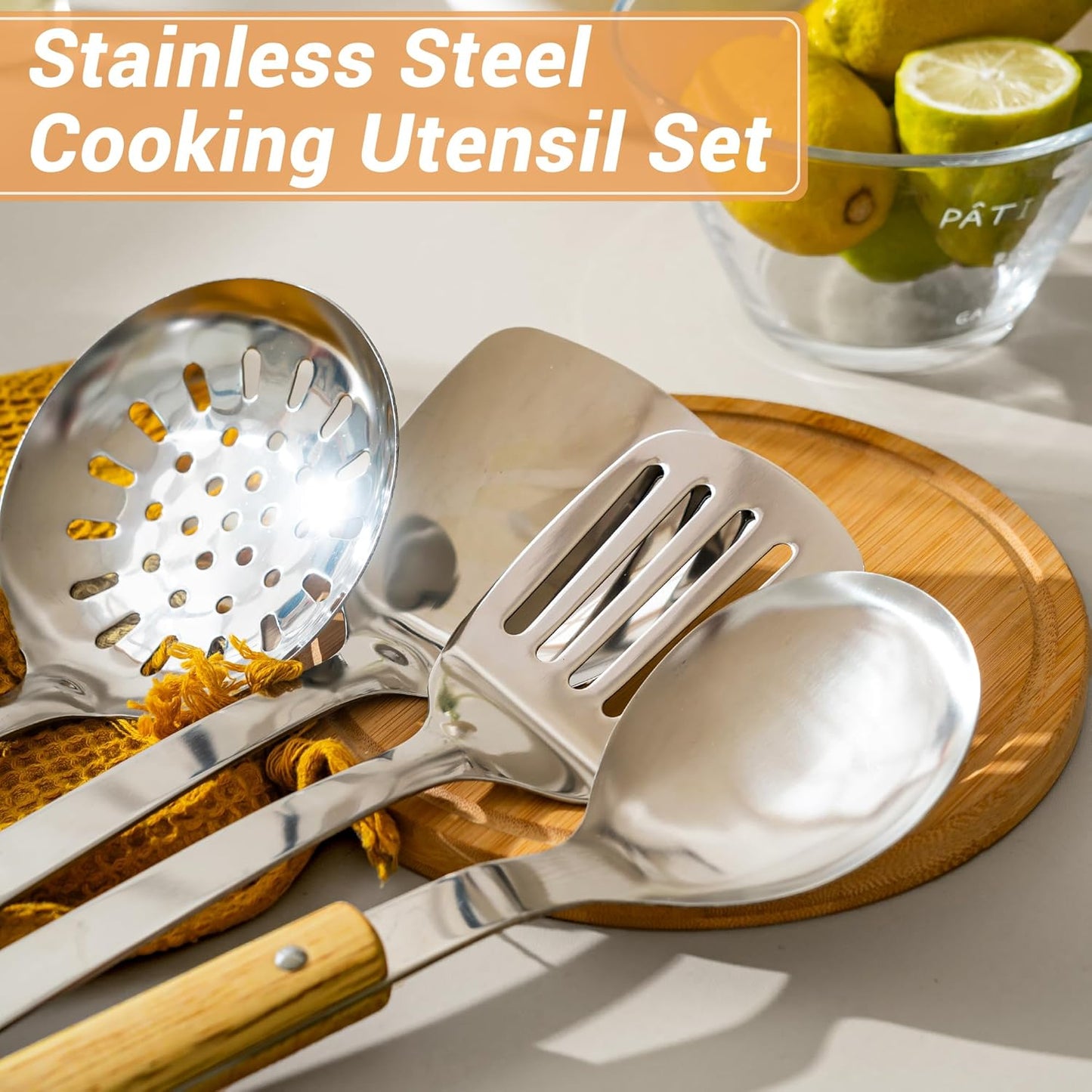 FJNATINH Cooking Utensils Set with Wood Handle, 9 Pieces Wok Utensils Tools - Wok Accessories Cookware Set