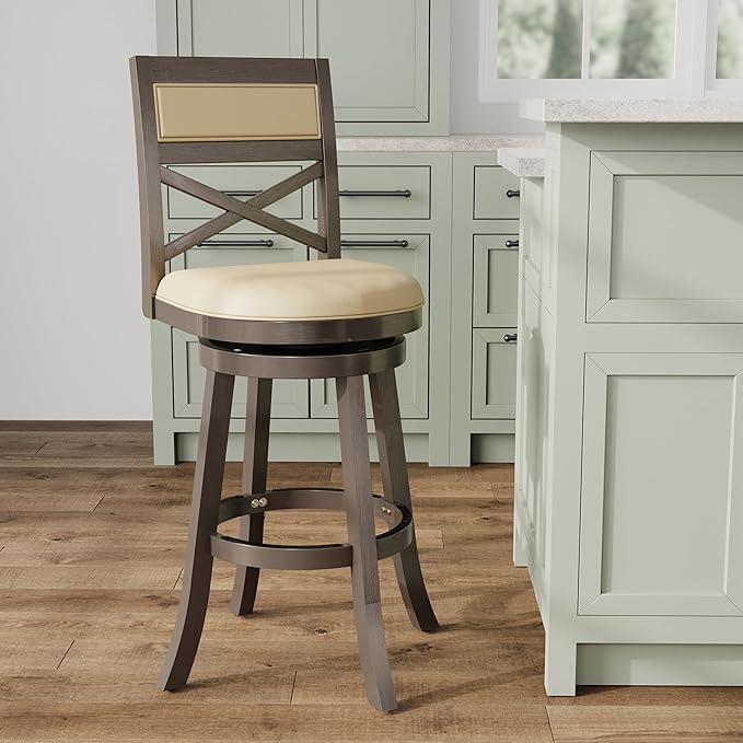 DTY Indoor Living Meeker X Back Fabric Swivel Stool, 30” Bar Height, Weathered Grey Finish, French Gray Leather Seat