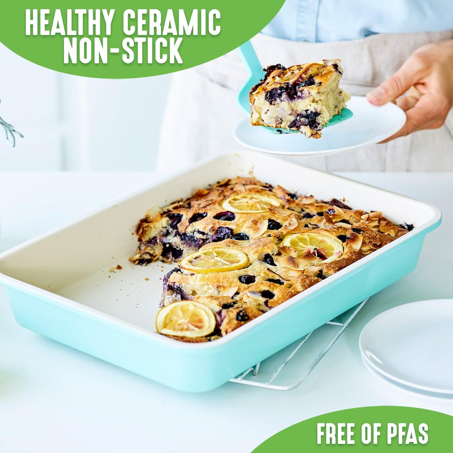 GreenLife Bakeware Healthy Ceramic Nonstick, 4 Piece Toaster Oven Baking Set with Cookie Sheet Muffin and Cake Pan, PFAS-Free, Turquoise