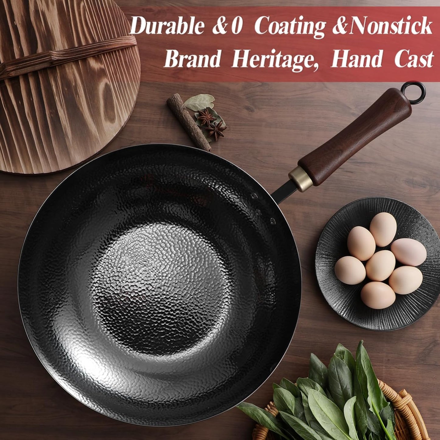 Carbon Steel Pan, 11.8″ Woks & Stir-Fry Pans with Wooden Lid Cookwares, Nonstick Wok, No Chemical Coated Round Bottom Hand Hammered Chinese Wok For Gas