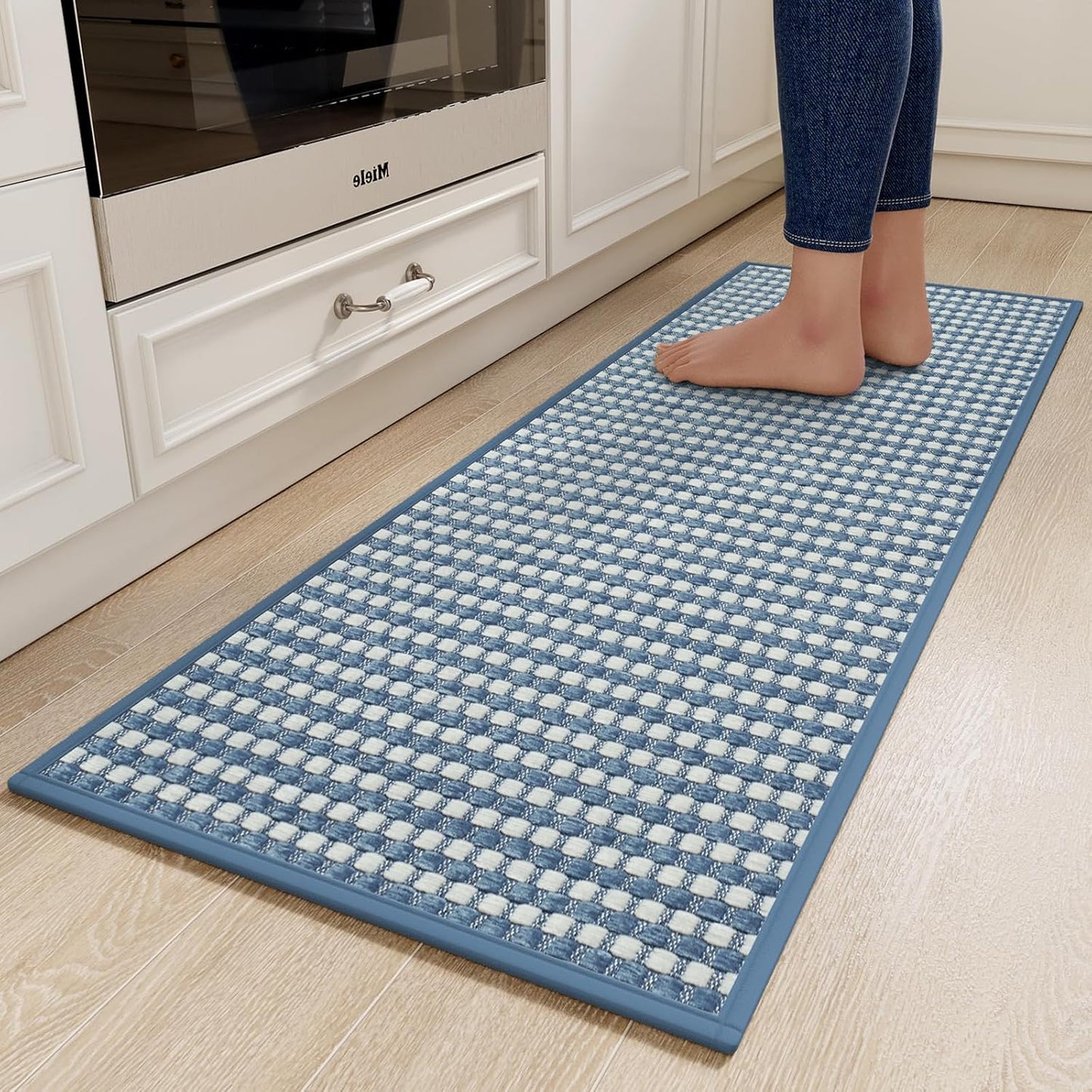 Kitchen Runner Rugs Non Slip Washable, Super Absorbent Soft Chenille Braided Kitchen Mats for Floor Rubber Backing Sink Mat Standing Hallway Floor Mat, Easy Clean, Blue 17"x59"