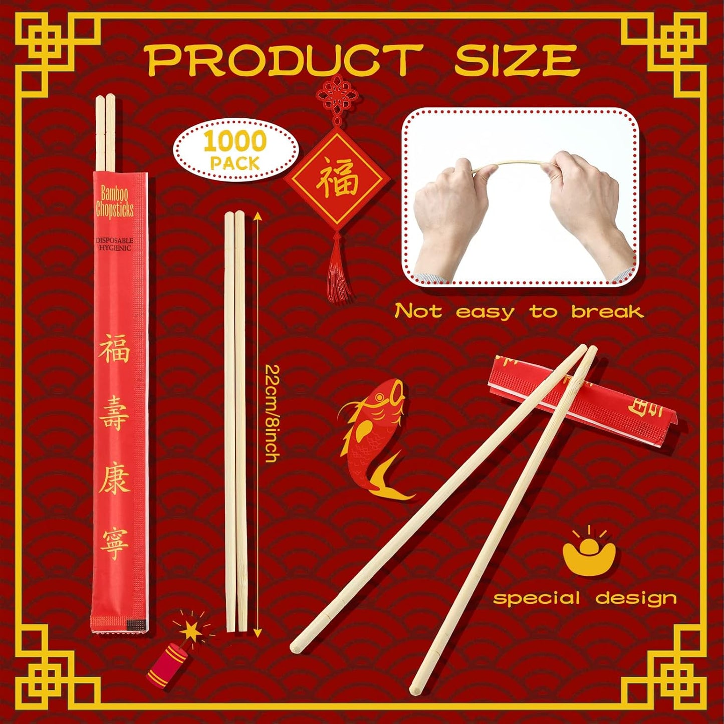 Sabary 1000 Pairs Bamboo Chopsticks Disposable Sleeved and Separated Chop Sticks Quality Chopsticks Disposable UV Treated(Joyous)