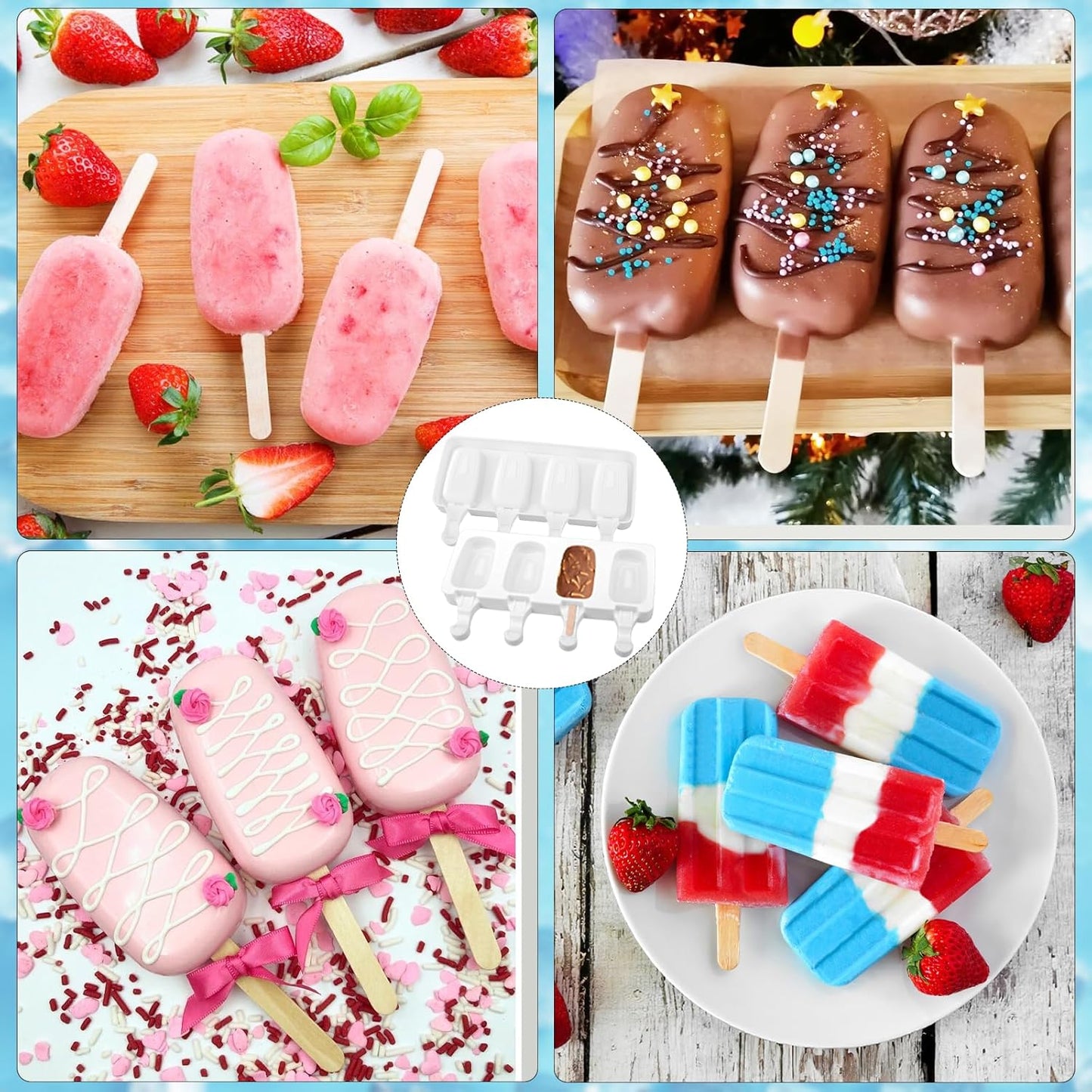 8 Set Silicone Popsicle Molds 4 Cavities Ice Cream Oval Cake Molds with 400 Sticks, Reusable Ice Pop & Cakesicle Mould forKids, DIY Frozen Treats, Summer Snacks, Parties Favors, Easy Release