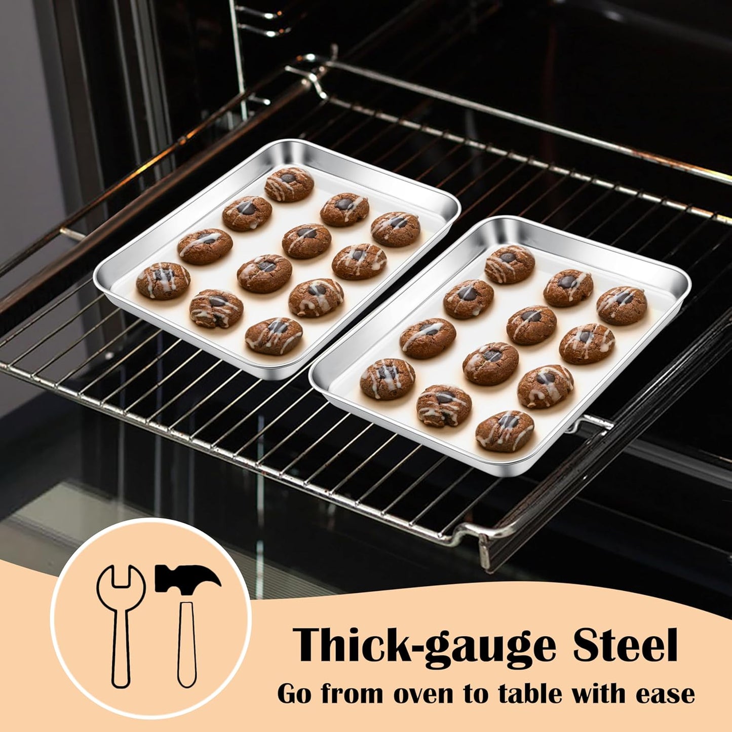 E-far 2 Packs Toaster Oven Trays, 9.4”x7.3” Stainless Steel Small Baking Cookie Sheets, Mini Non-toxic Metal Baking Pans for Cake, Healthy & Rust Free, Mirror Finish & Dishwasher Safe