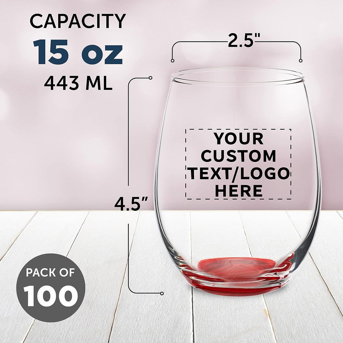 Custom Stemless Wine Glasses in Bulk by ARC Perfection, 15 oz, 100 pack, Personalized Text, Logo, Red or White Wine Glass Set, Red