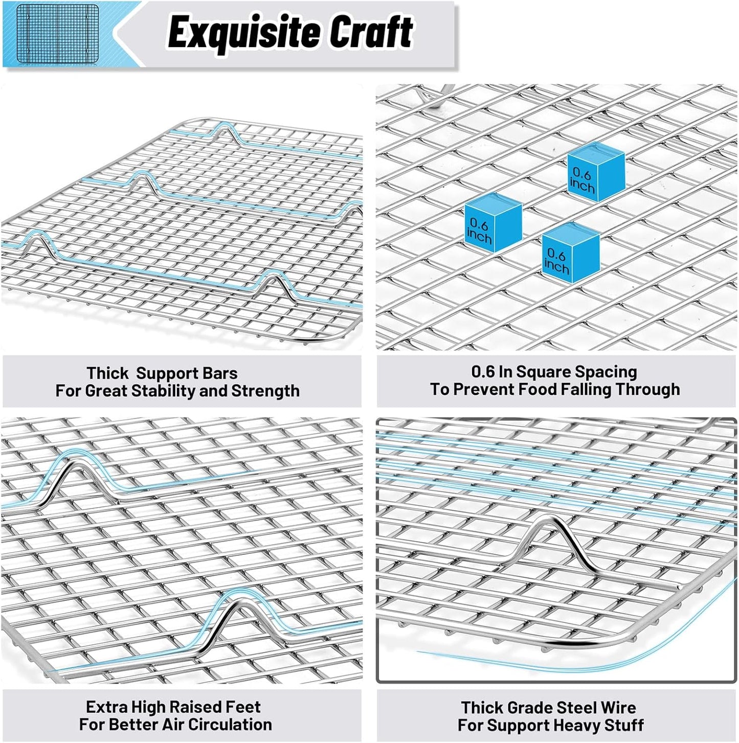 TeamFar Cooling Rack Set of 4, Stainless Steel Grid Cooking Roasting Racks for Various Size Baking Sheet Toaster Oven Pan, Healthy & Heavy Duty, Mirror Finish & Dishwasher Safe
