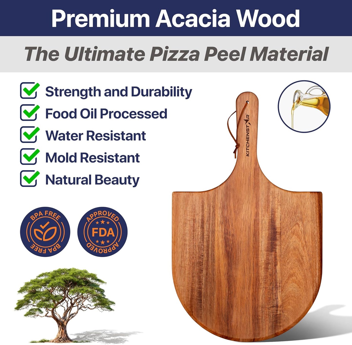 KitchenStar 12-Inch Acacia Wood Pizza Peel – Wooden Cutting & Serving Board with Handle & Hanging Loop – Natural Oil Finish – Ideal Pizza Oven Accessory for Easy Sliding & Prep