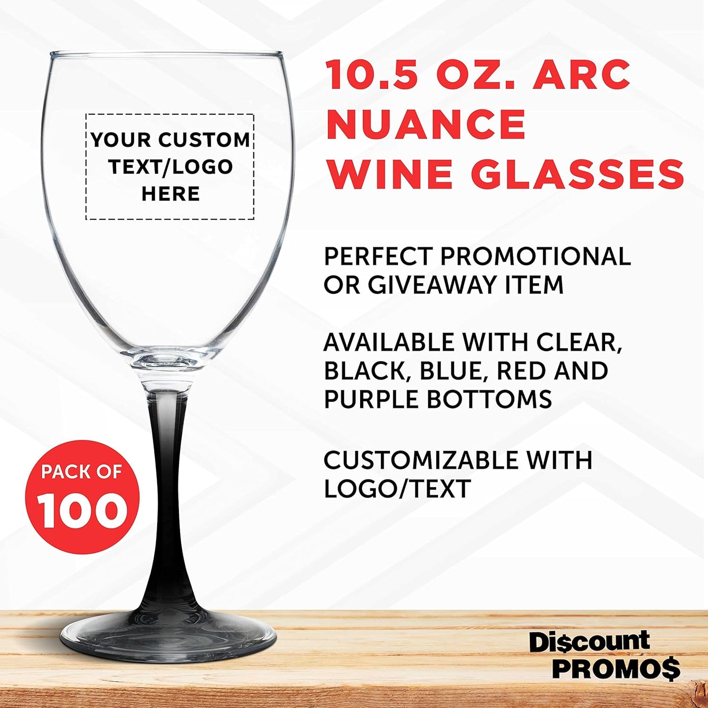 Custom Nuance Wine Glasses by ARC 10.5 oz. Set of 100, Personalized Bulk Pack - Restaurant Glassware, Perfect for Red Wine, White Wine, Cocktails - Black