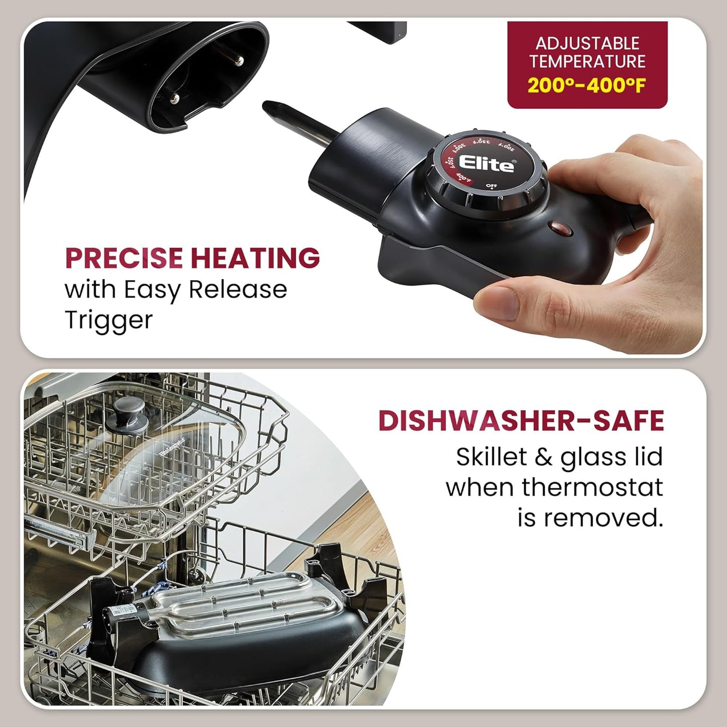 Elite Gourmet EG-6203# Extra Deep 16"x13"x3.2" (10.5Qt.) Scratch Resistant, Easy Pour Spout Dishwasher Safe, Non-stick Electric Skillet with Glass Vented Lid, Adjustable Temperature, Black