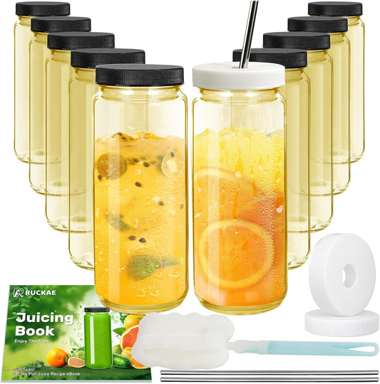 Ruckae Gold 16oz 10 Pack Juice Bottles, Glass Bottles Juicing with Lids, Smoothie Cup Lids and Straws, Water Bottle Mason Jar Drinking Glasses for Juicing, Smoothies, Kombucha