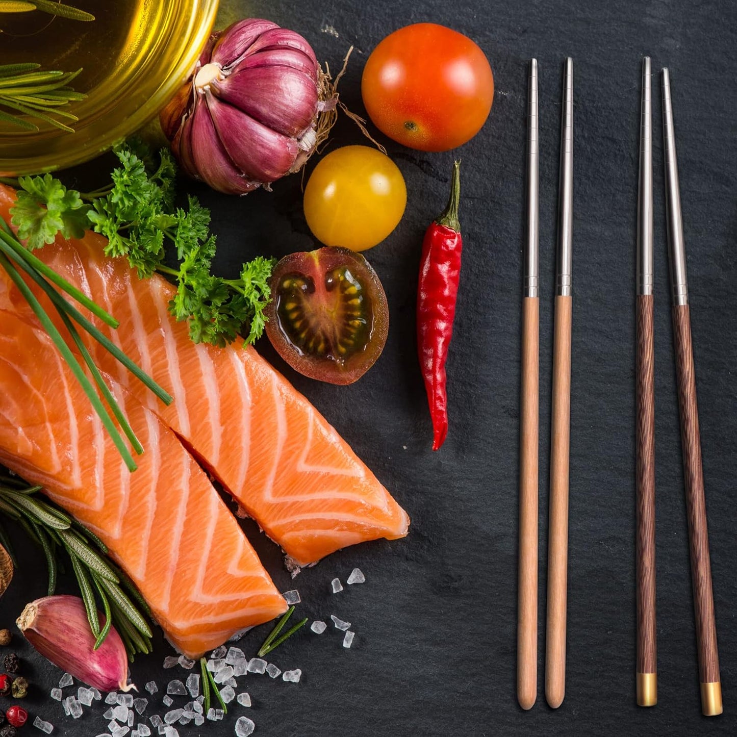 5 Pairs Reusable Chopsticks Wooden Splicing Stainless Steel Chop Sticks, Metal Chopsticks Lengthen Japanese Korean Chopstick 9.8 Inch/25cm Gift Set