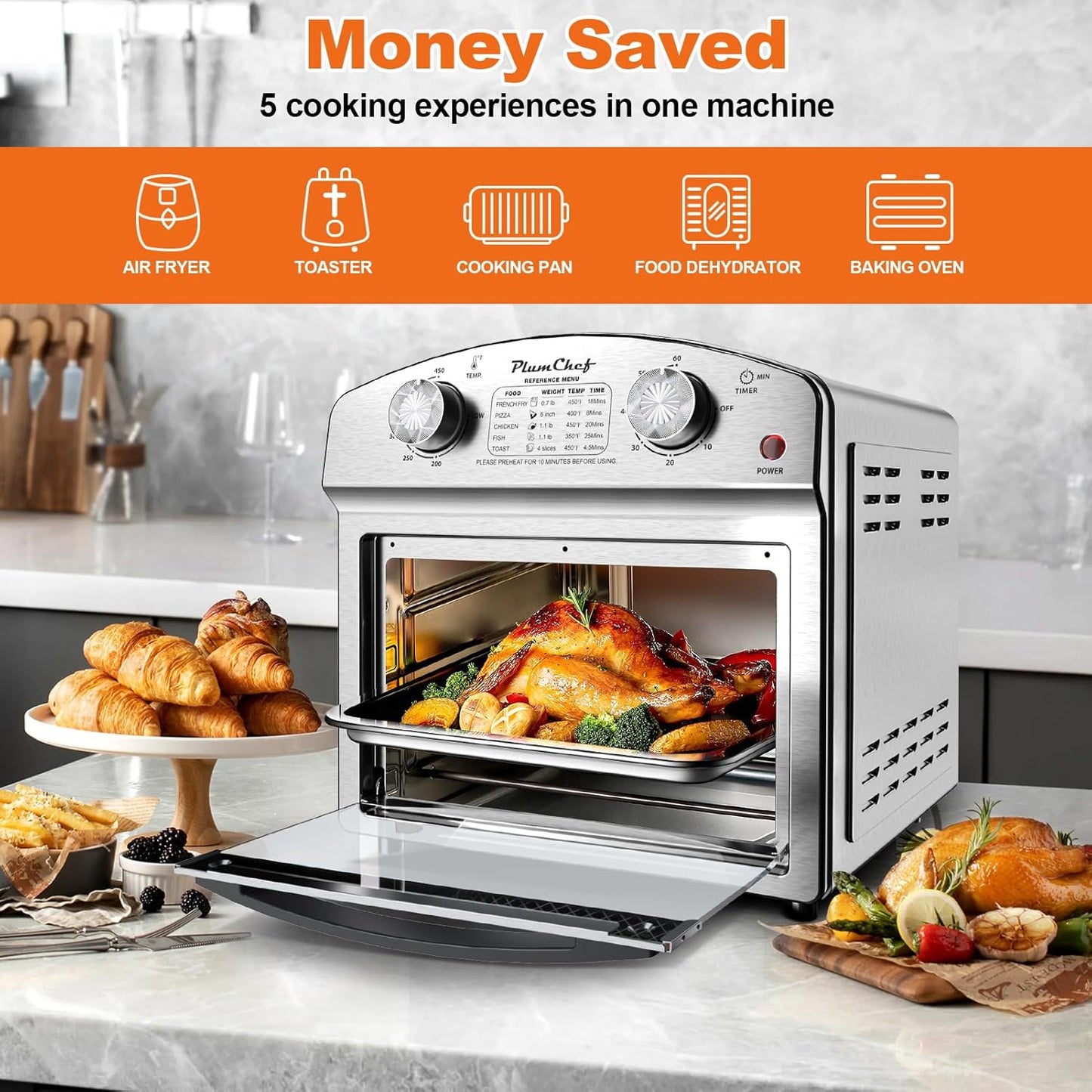 PlumChef 13 Quart 4 Slices Air Fryer Convection Toaster Oven with Reference Menu, 1500W,Multifunction with Roast, Bake, Grill, Broil, Silver