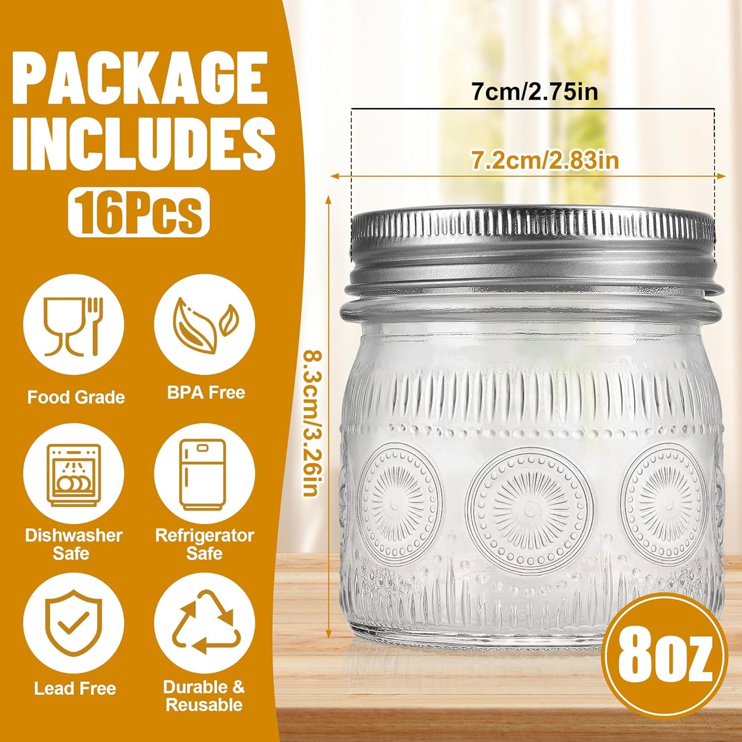 8 oz Small Mason Jars with Regular Airtight Lids - 16 Pack Glass Canning Jars 8 oz, Mini Half Pint Mason Jar for Jam, Jelly, Honey, Overnight Oats, Spices, Candles, Party Favors, Separable Lids