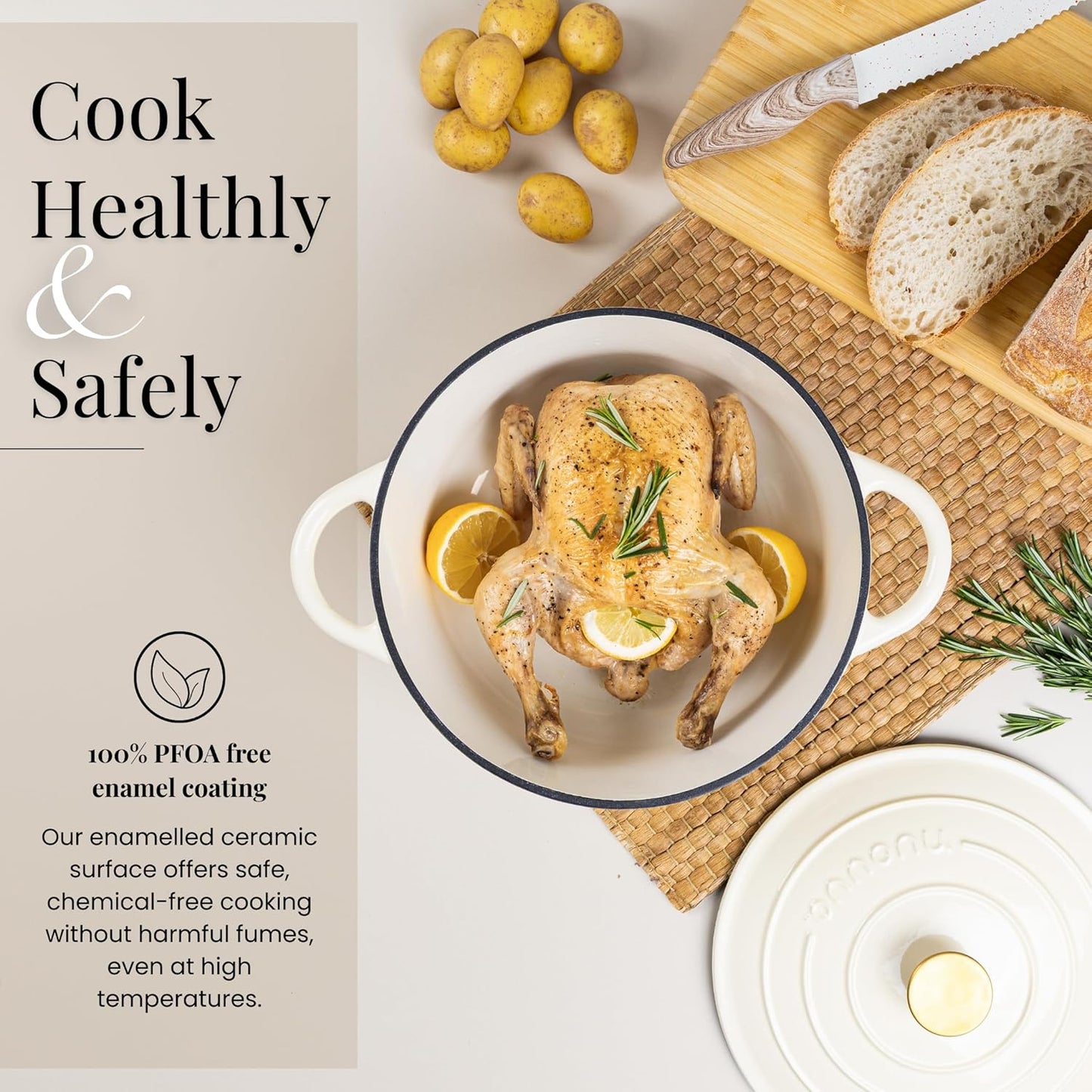 Nuovva Enamelled Cast Iron Dutch Oven Pot with Lid – 6.4 Quart Non Stick Casserole Pot – Heavy Duty & Oven Safe up to 500° F for Bread Baking, Braising, Stews, Roasting – 28cm Cream