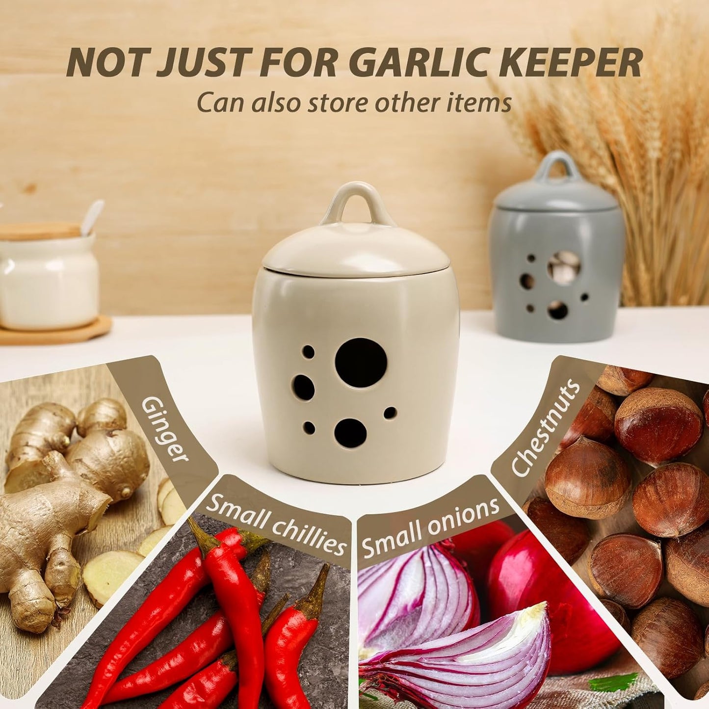 BosilunLife Ceramic Garlic Keeper - Garlic Storage Container with Lid Grey Garlic Jar for Kitchen Garlic Holder Countertop to Keep Your Garlic Cloves Fresh Longer