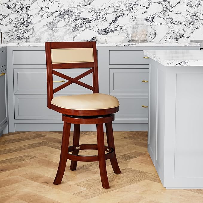 DTY Indoor Living Meeker 24 Inch Counter Height Bar Stools with Backs - Wooden Swivel Counter Stools for Kitchen Island - Bone Leather Seat, Solid Wood Frame, Cherry Finish