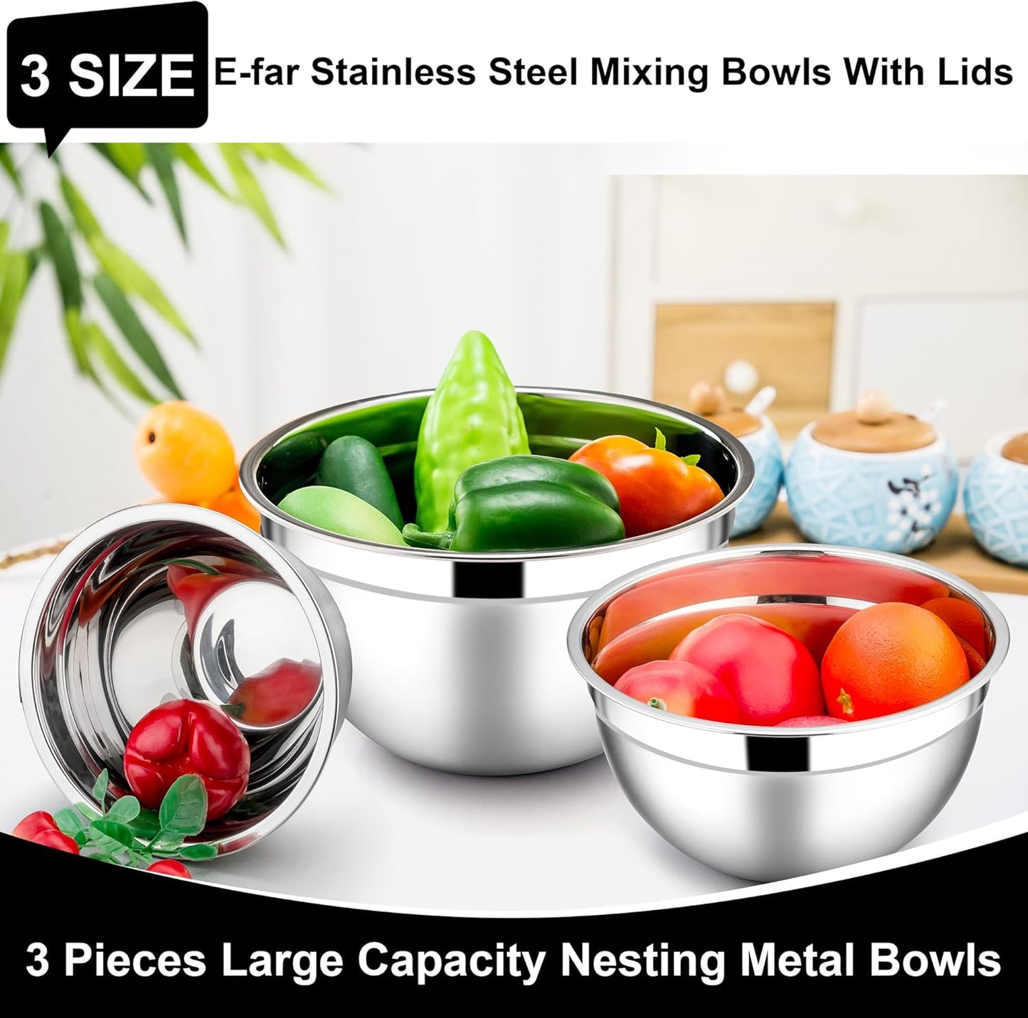 E-far Mixing Bowls with Lids, 6-Piece Stainless Steel Salad Bowls Metal Nesting Bowls for Baking Cooking and Prepping, Airtight Lids & Stackable Design, Size 4.5, 3, 1.5 QT (Black)