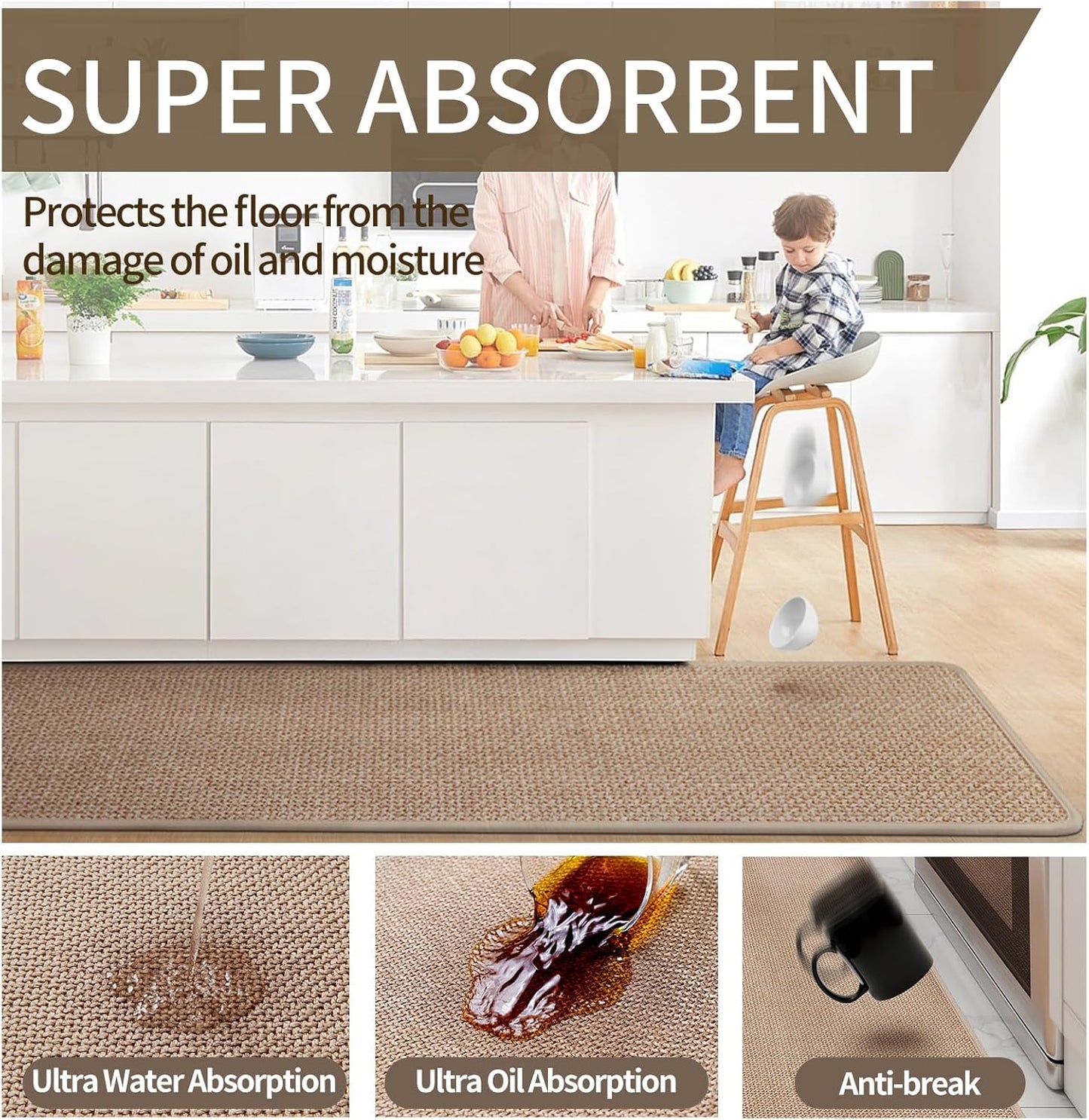 Kitchen Rugs and Mats Non Slip Washable, Absorbent Runner Rugs for Kitchen, Front of Sink, Kitchen Mats for Floor，Easy to Clean and Maintain Kitchen Floor mat(Brown, 17"x30")