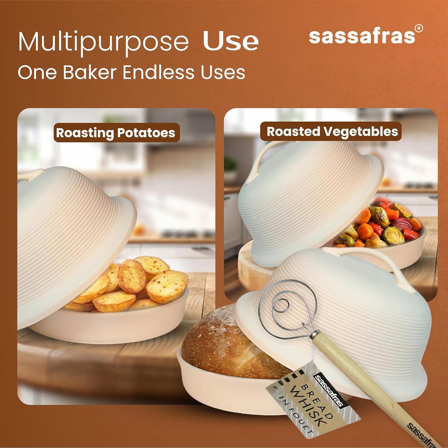 Sassafras Superstone Stoneware La Cloche Bread Baker, Unglazed, Baking Stone for Bread, Capacity 5QT 12”D x7”H with handle, Withstands Temperature 500-2100 Fahrenheit (Bisque + Bread Whisk)