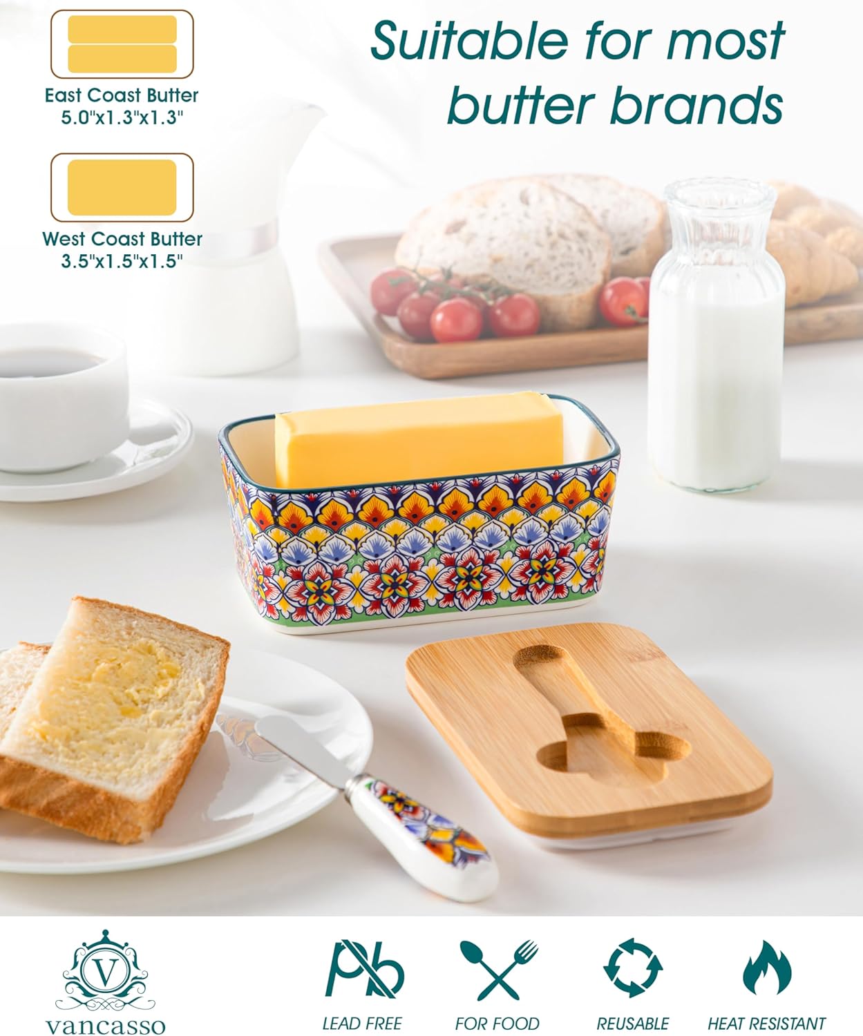 vancasso SIMI Butter Dish with Lid, 6.5" Large Butter Dish for Countertop, Bohemian Ceramic Butter Keeper Container with Knife and Bamboo Lid, Butter Holder for Counter, Golden Bloom