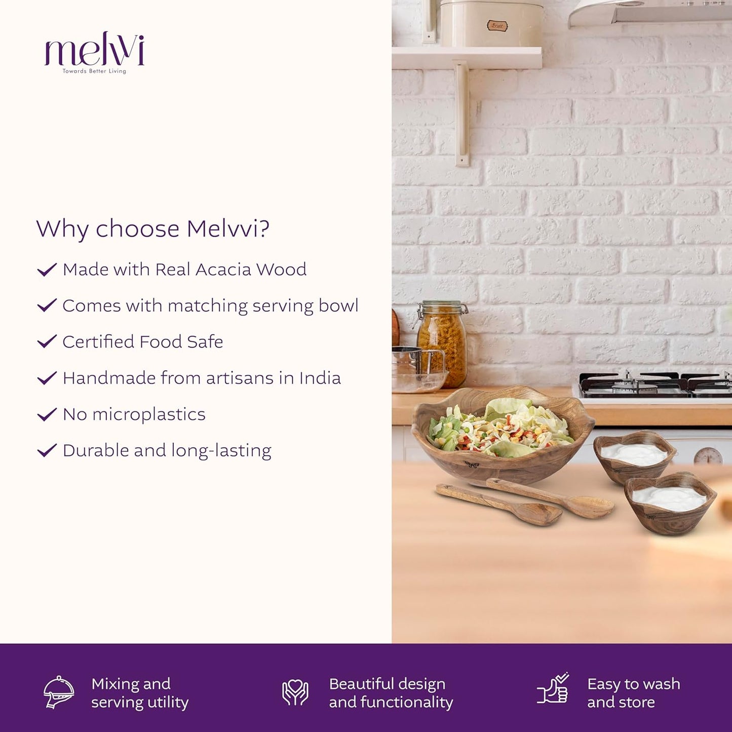 Melvvi Large Wooden Salad Bowl Set with 2 Small Bowls and 2 Serving Utensils | 12" & 6" Acacia Wood Bowls for Food | Great Gift for Kitchen & Dining (Natural Set of 5) (Natural Set of 5)