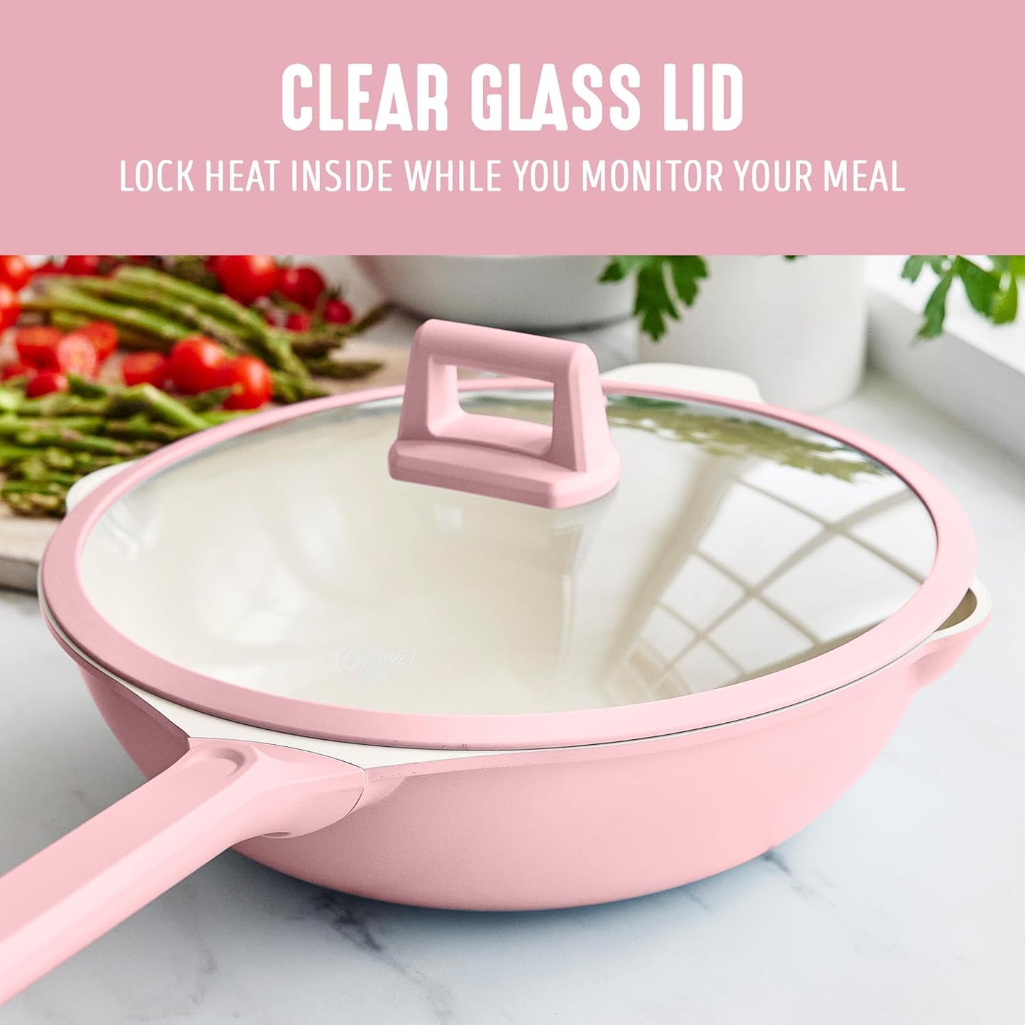 GreenLife Nonstick 12” (5QT) All in One Deep Skillet Wok with Lid, PFAS-Free Non-Toxic Ceramic Multi-Purpose Pan, Induction, All Stovetop, Egg, Stir Fry, Saute, Stay Cool Handle, Pink