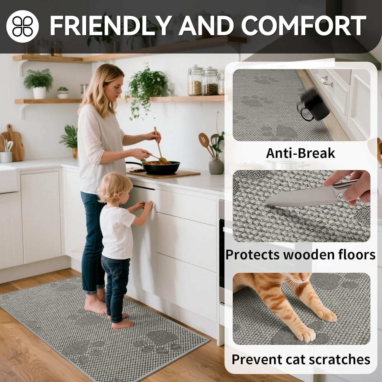 Kitchen Mats for Floor, Super Absorbent Kitchen Rugs Non Slip Washable, Rubber Backing Soft Woven Linen Embroidery Runner Rug, Standing Mat Kitchen Sink Mat, Easy to Clean, Gray 17x47