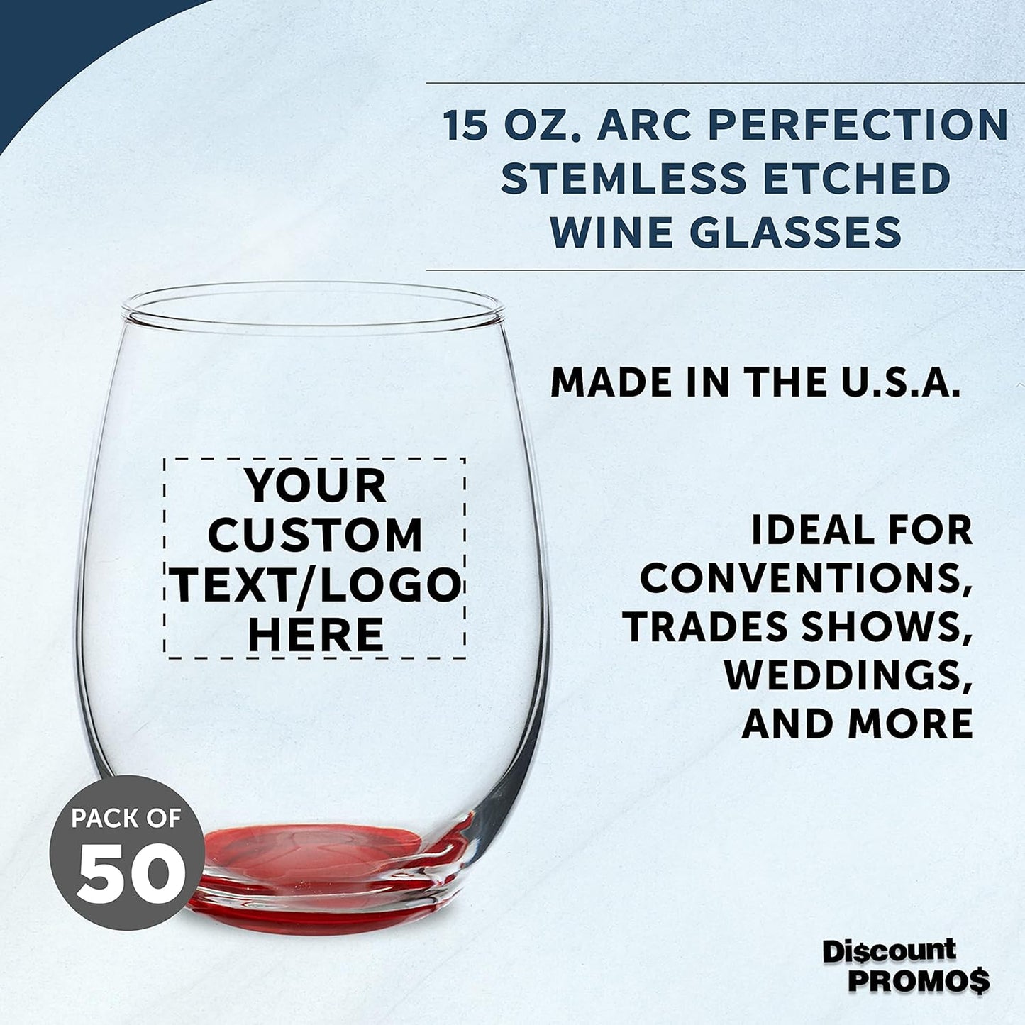 Custom Stemless Wine Glasses in Bulk by ARC Perfection, 15 oz, 50 pack, Personalized Text, Logo, Red or White Wine Glass Set, Red