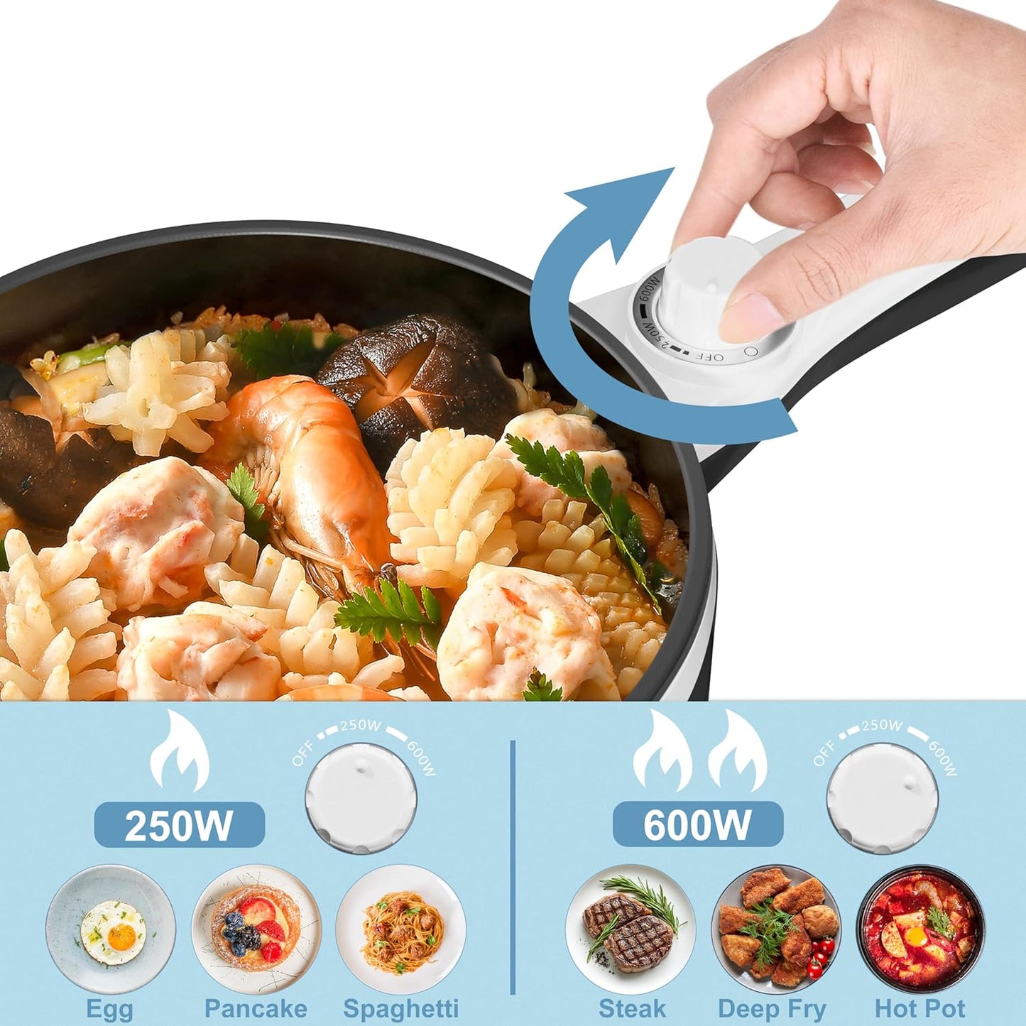 Dezin Hot Pot Electric Upgraded, Non-Stick Sauté Pan, Rapid Noodles Electric Pot, 1.5L Mini Portable Hot Pot for Steak, Egg, Fried Rice, Ramen, Oatmeal, Soup with Power Adjustment