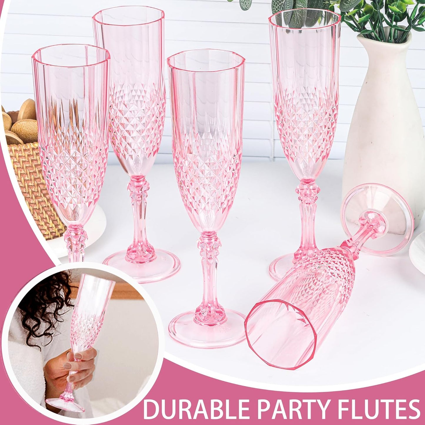 Plastic Champagne Flutes, 12PCS Pink Plastic Wine Glasses Goblets Reusable Champagne Flute for Weddings, Bachelor Parties, Toasting, and Events(12, Pink)