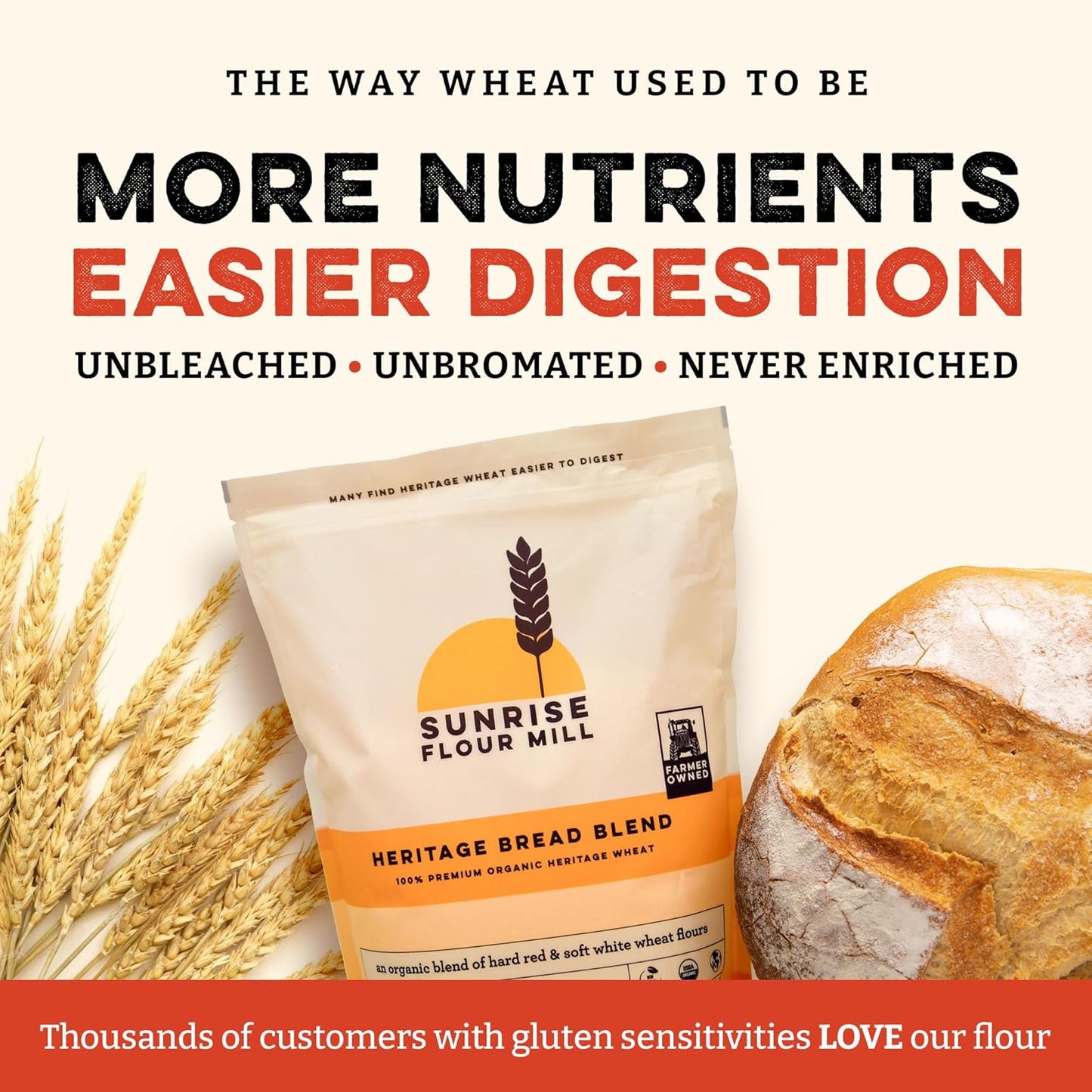 Sunrise Flour Mill Heritage Organic Bread Flour Blend - 2.0 lbs | Organic Unbleached Bread Flour Easy to Digest with Less Bloating | High Protein for Superior Baking | Smooth, Nutty Flavor