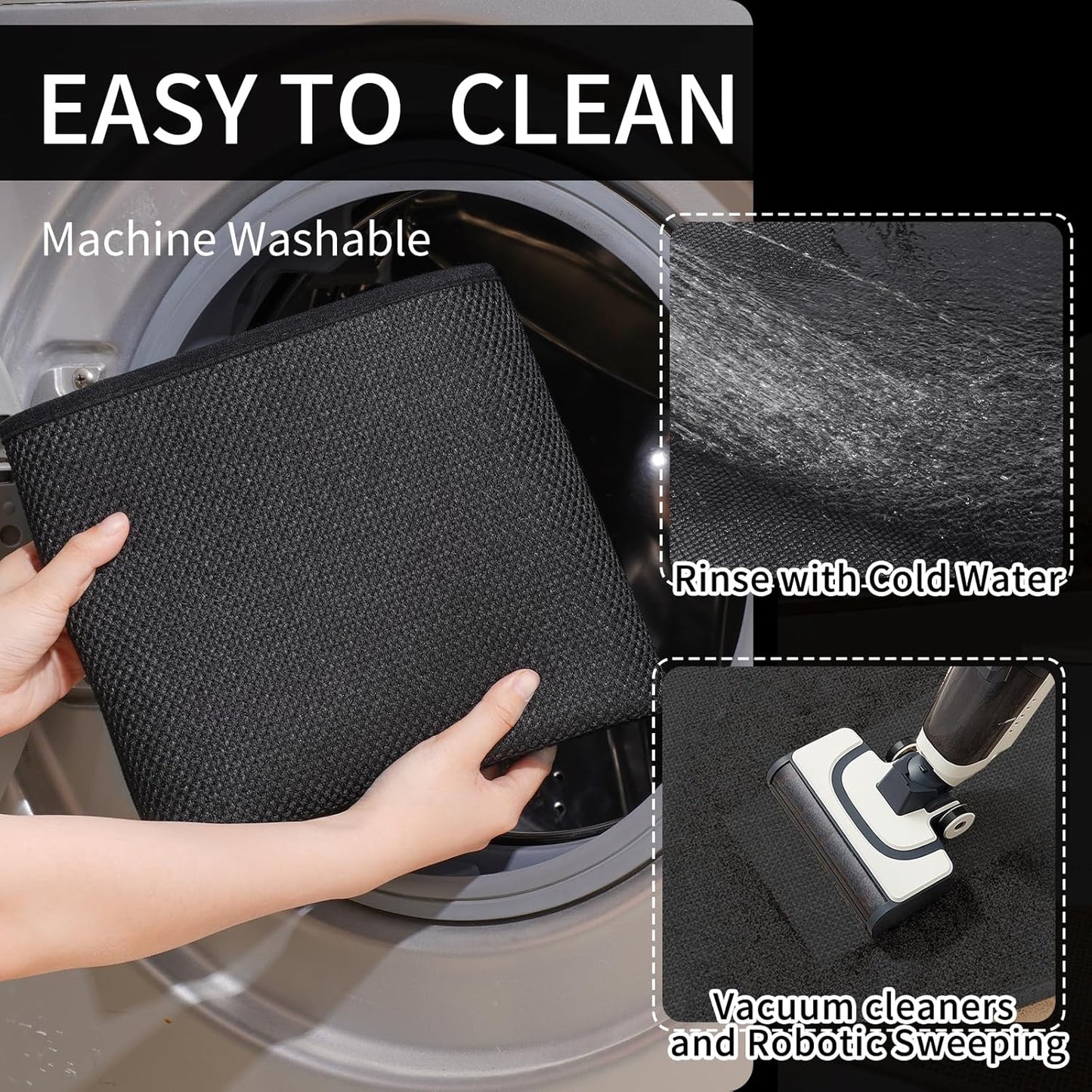 Kitchen Mats for Floor, Super Absorbent Kitchen Rugs Non Slip Washable, Soft Imitation Linen Braided Kitchen Runner Rug, Standing Mat Kitchens Sink Mat, Easy to Clean, Black 17x95