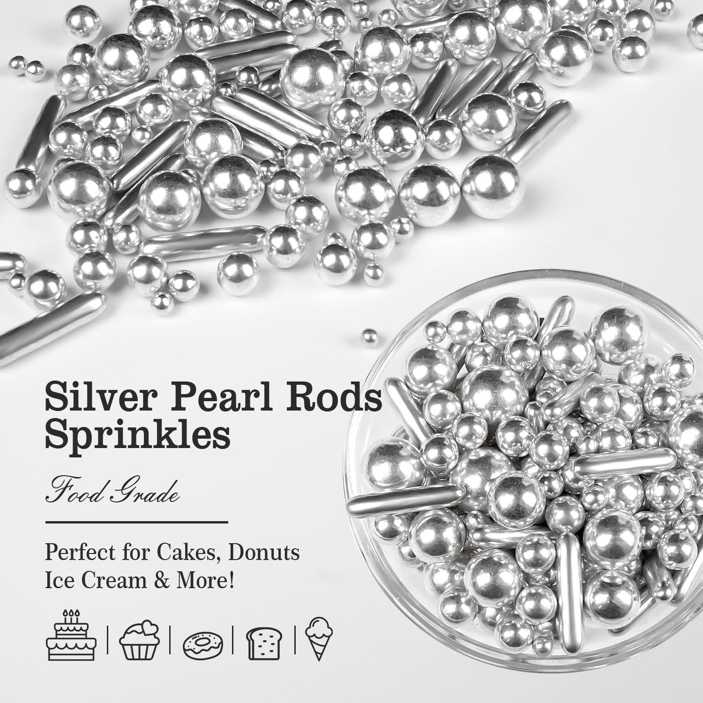 Silver Pearl Rods Sprinkles, Edible Sugar Candy Mix Size, 150g/5.29oz, Baking Cake Decoration, Food Grade, Cake Toppers, Easter, Celebration, Wedding Party Supplies