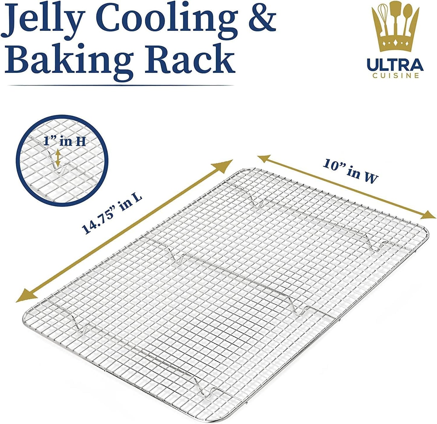 Ultra Cuisine Stainless Steel Jelly Roll Sheet Cooling Rack Set & Aluminum Baking Pan Set - Professional Quality, Fits Jelly Roll Sheet Pans - Cookie Sheet for Baking - 10"x14.75" Rack, 16"x11" Pan