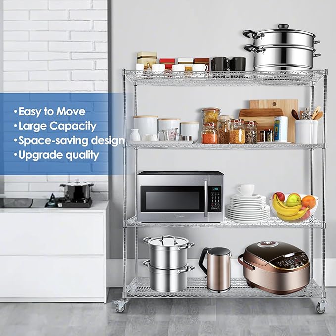 4-Tier Metal Wire Shelving Unit with Wheels, 60" x 24" x 72" Heavy-Duty Storage Rack for Garage, Kitchen, Pantry, or Restaurant, 2400 lbs Capacity, Chrome Finish