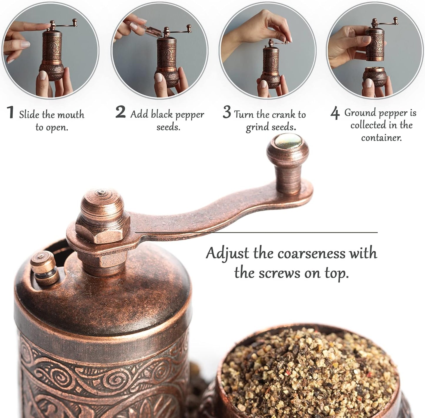 Decorative Black Pepper Grinder, Refillable Turkish Spice Mill with Adjustable Coarseness, Manual Pepper Mill with Handle, Spice Grinder Metal with Hand Crank, Copper