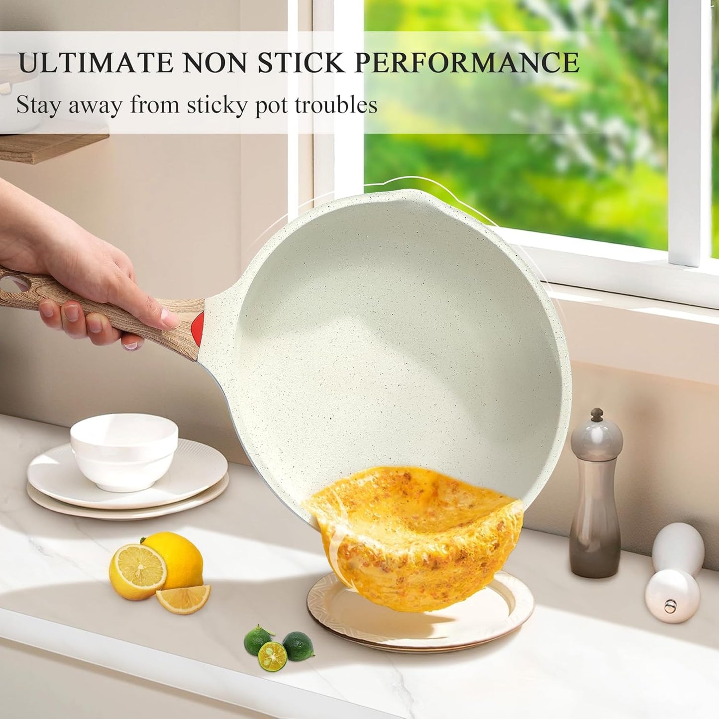 Vinchef Nonstick Deep Frying Pan, Saute Pan with Lid, 11"/5Qt, German 3C+ Ceramic Coating, Induction Compatible, White Color, Cookware for Kitchen