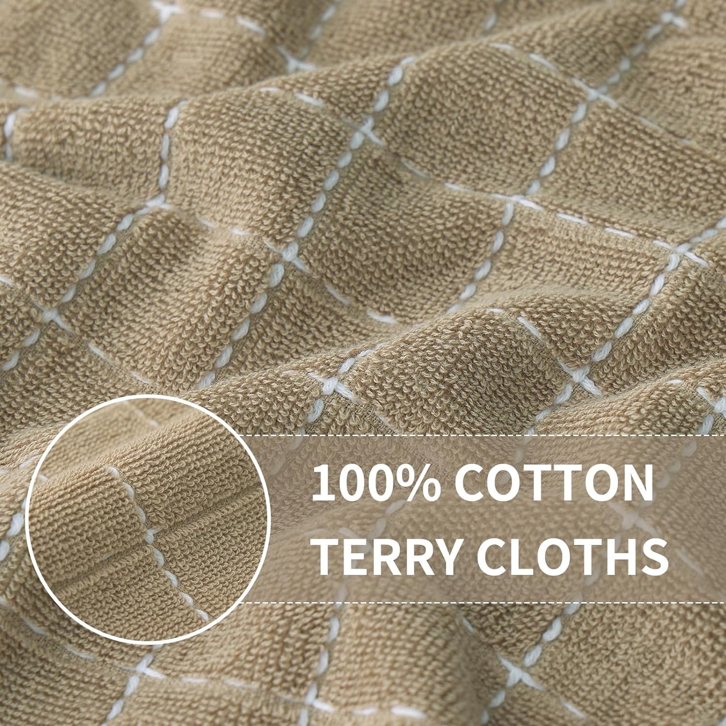 Homaxy 100% Cotton Terry Kitchen Towels(Tan, 13 x 28 inches), Checkered Designed, Soft and Super Absorbent Dish Towels, 4 Pack